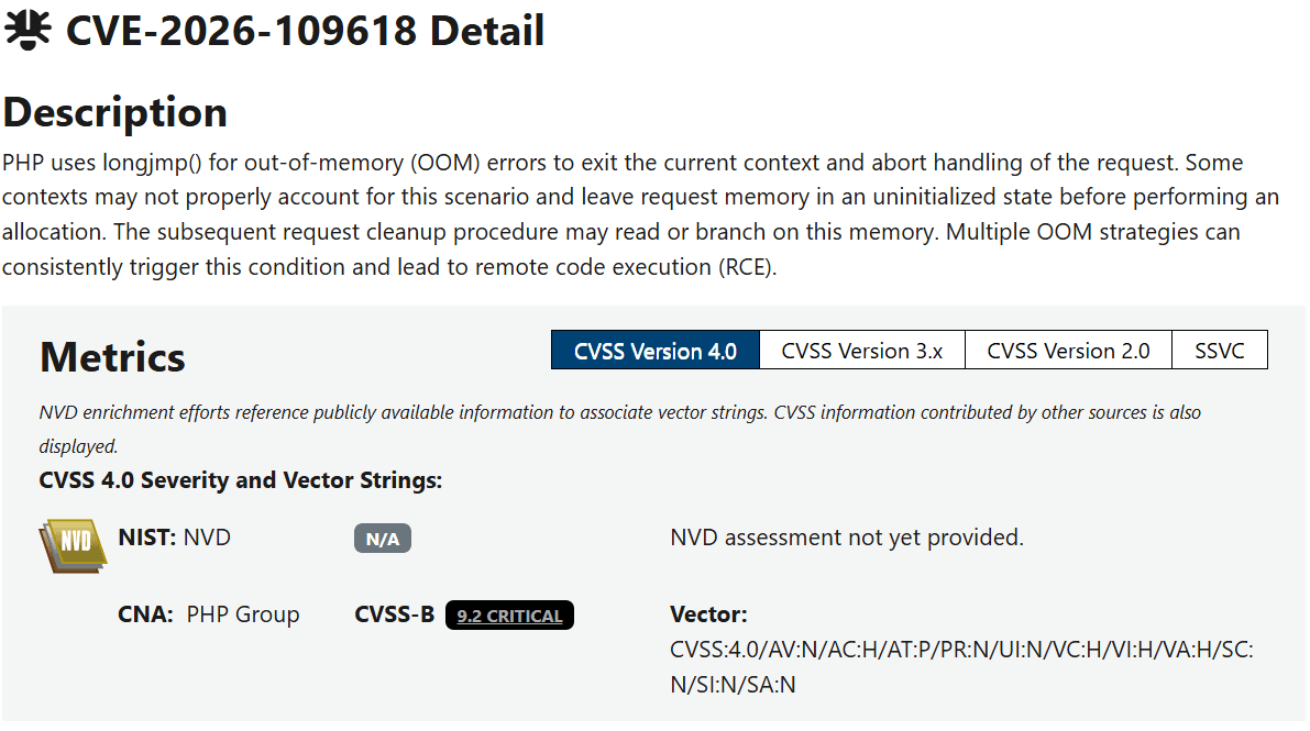 Screenshot of the NVD page for CVE-2026-109618: a PHP out-of-memory flaw that can lead to remote code execution, rated 9.2 critical by the PHP Group (CVSS 4.0)